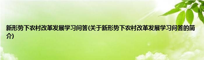 新形势下农村改革发展学习问答(关于新形势下农村改革发展学习问答的简介)